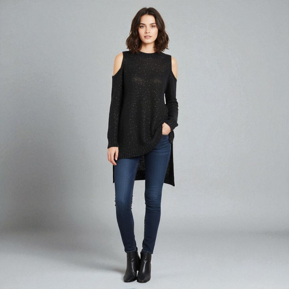 The Limited Black Cold Shoulder Sequin Sweater Mohair XS